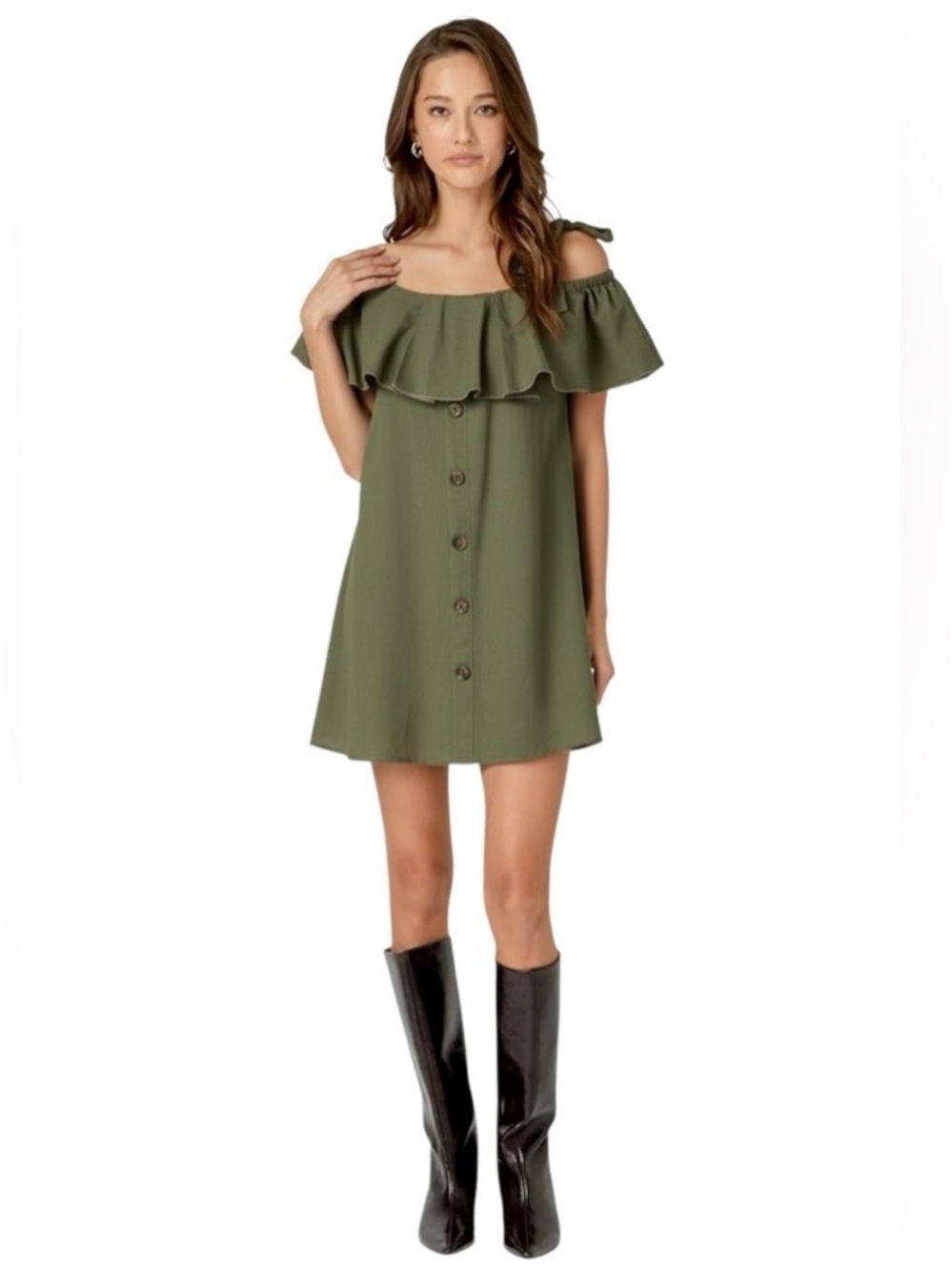 English Factory Olive One-Shoulder Ruffle Tie Shoulder Button Dress Size Medium